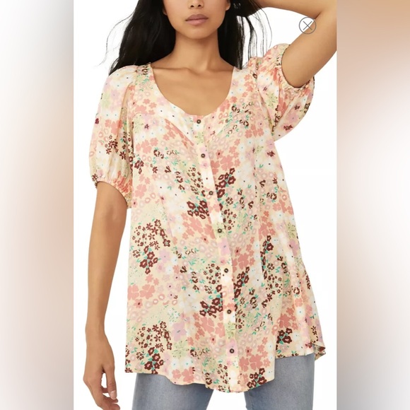 Free People Tops - Free People Callie Yellow Floral Vintage Combo Tunic Top size medium
